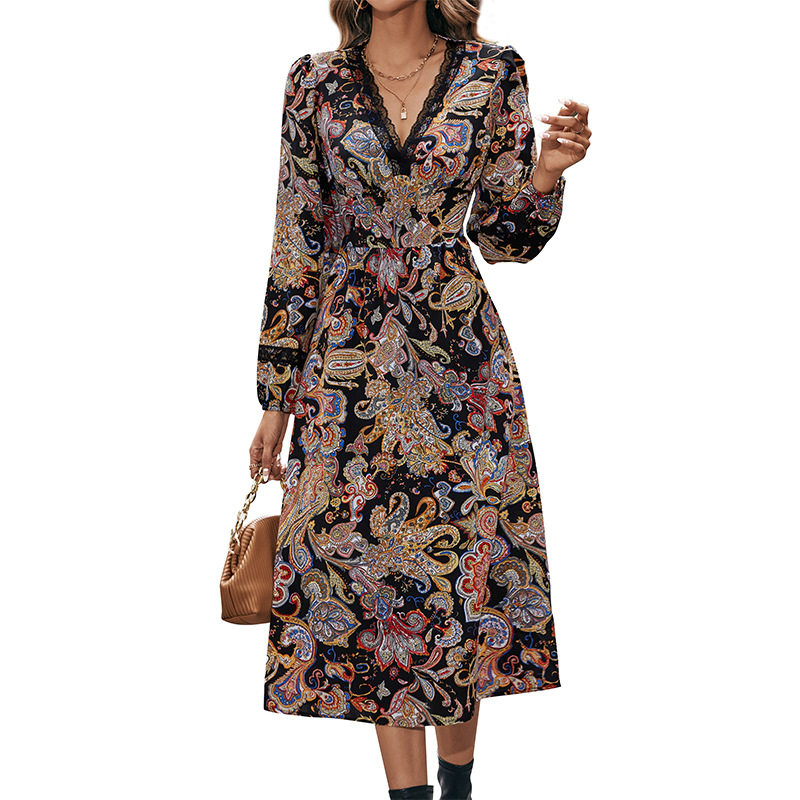 V Neck Floral Long Sleeve Dress Elegant Design European and American Style Perfect for Casual or Formal Occasions