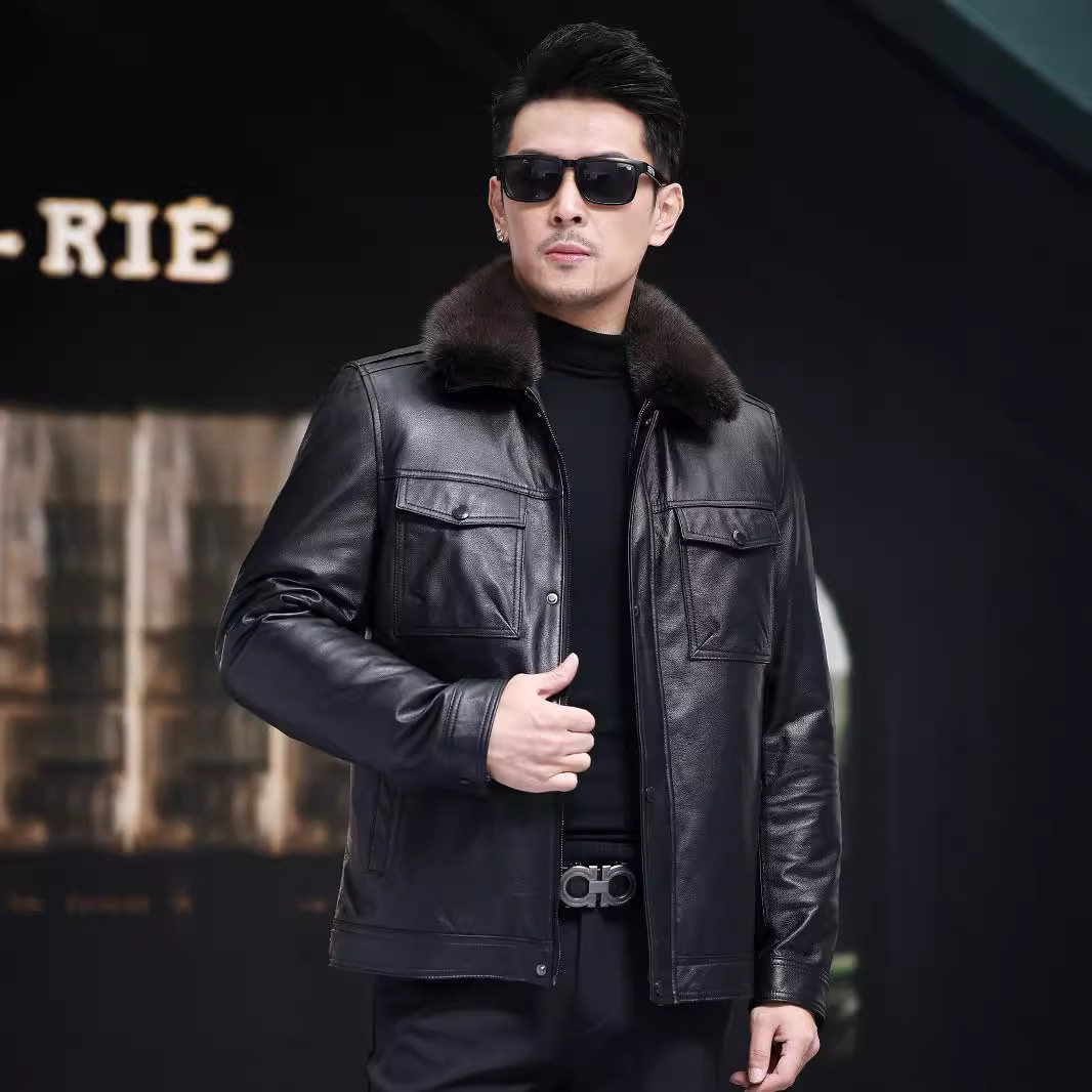 Áo Khoác Da Nam Da Bò Cổ Lông Chồn Dáng Bomber Lót Lông Dày Dặn Màu Đen