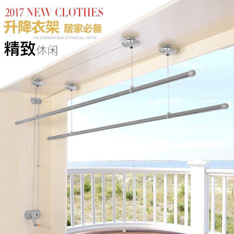 Balcony Clothes Drying Rack Lifting Hand-Cranked Automatic Double-Pole Stainless Steel Clothes Drying Rod Clothes Drying Rack One Piece Wholesale