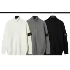 Cross-border European and American STONE Stone Zipper Open Chest Collar Badge Functional Knitted Sweater Autumn and Winter Ius for Men and Women