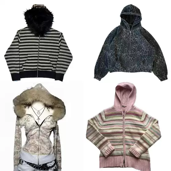 Foreign Trade American Retro Letter Embroidery Autumn and Winter Wool Collar Hooded Cardigan Jacket Sweater Top