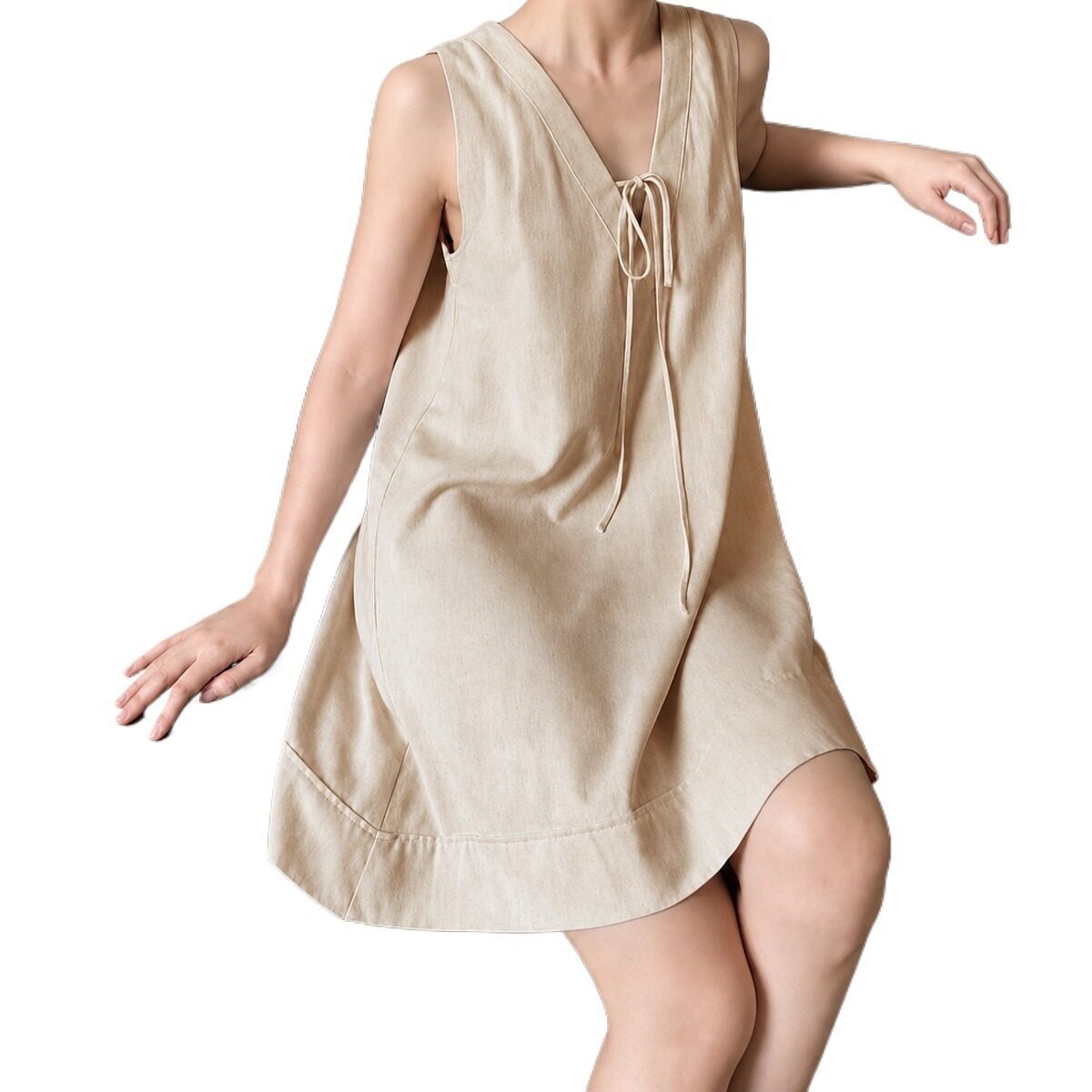 Summer A Line Sleeveless V Neck Dress Loose Fit Tie Waist Cotton Linen Blend Apricot Color Casual Wear Wholesale