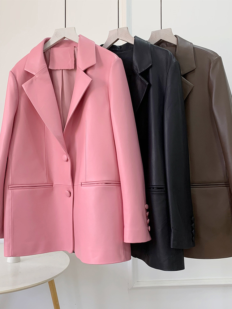 Áo khoác da cừu nữ dáng blazer phối cúc một hàng — Màu cà phê, Màu đen, Màu hồng