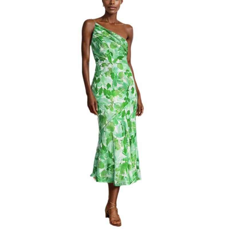 Elegant Floral Print Mermaid Maxi Dress Sexy Spaghetti Strap Asymmetrical Neckline Chic for Office or Evening Wear