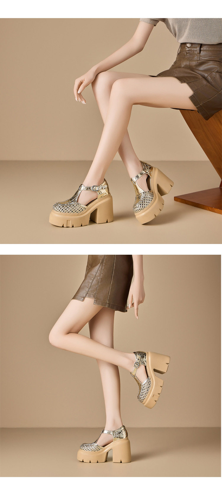 Sandal cao gót nữ quai ngang mũi kín đan lát gót vuông 12 cm phong cách Mary Jane — [Trắng kem], [Đen], [Vàng nhạt] chi tiết 3