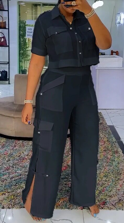 Summer Womens Casual Set High Neck Top Multi Pocket Design Color Block Pants Perfect for Everyday Wear Wholesale