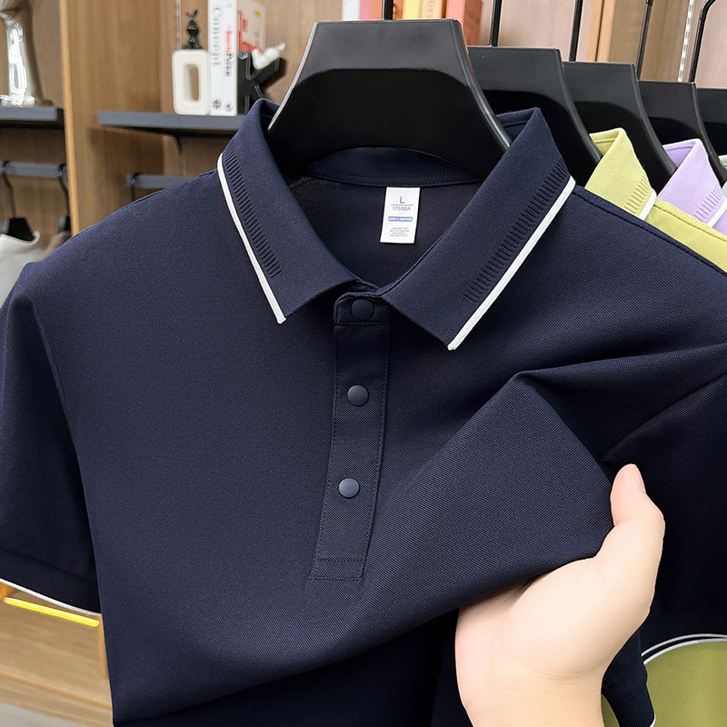 Áo polo nam Leishibert pha cotton lụa tơ tằm, tay ngắn co giãn thoáng mát mùa hè — Xanh biển, Xanh đậu nhạt, Vàng mạch nha, Đen bóng tối