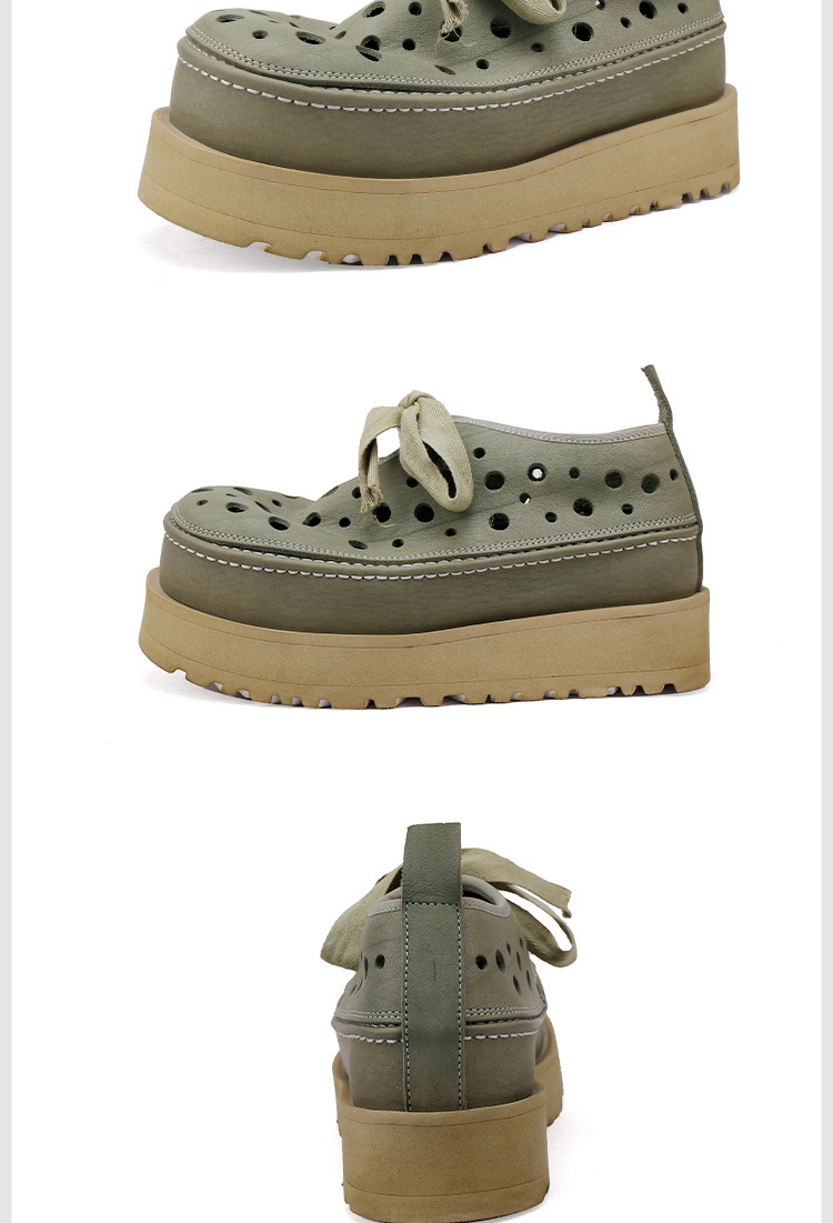 Sandal nữ đế dày 7cm da bò đầu lớp, mũi tròn, quai buộc phía trước — màu đen, Xanh nhạt