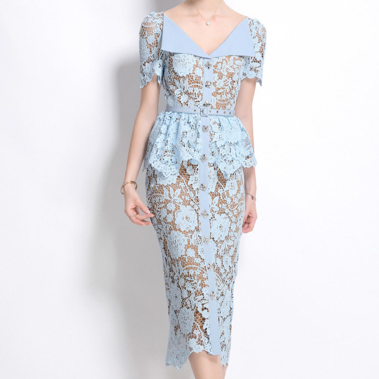 Vintage Style Summer Dress for Women Short Sleeve Doll Collar Beaded Slim Fit Lace Embroidery Elegant Evening