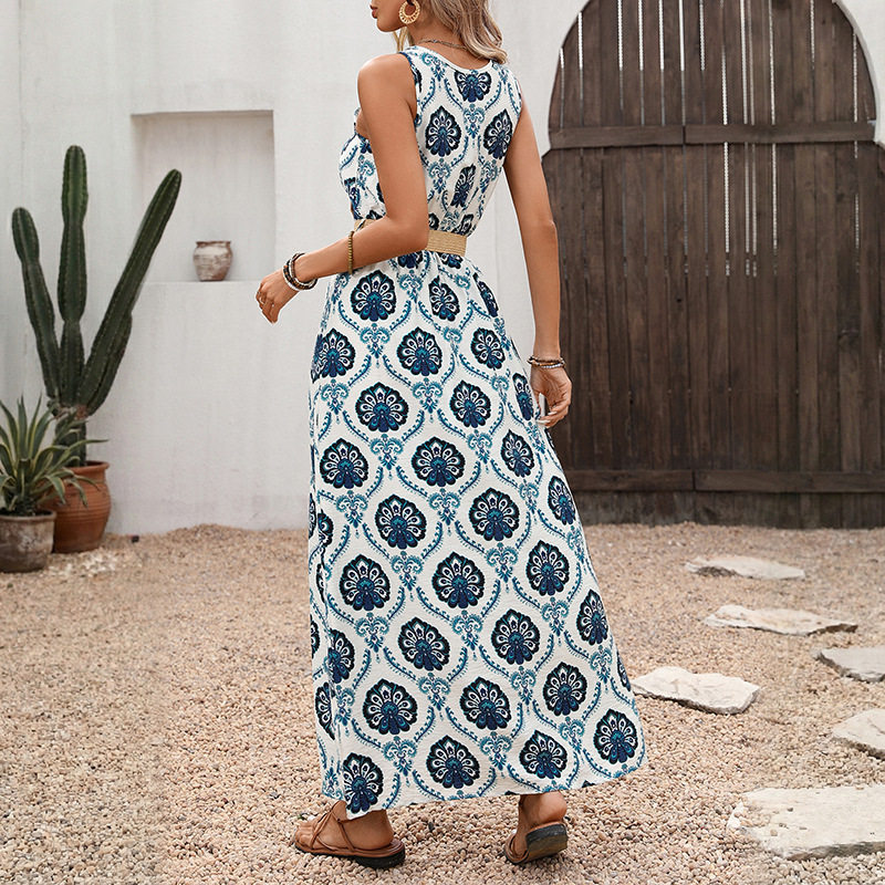 Sleeveless Floral Print Dress Round Neck Split Hem Ethnic Style Perfect for Vacation Wholesale Available