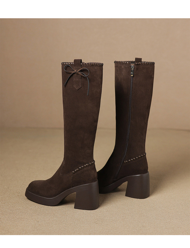 Boot nữ cổ cao ôm bắp chân gót siêu cao 8.5cm mũi tròn phong cách thư giãn — màu đen, Màu nâu