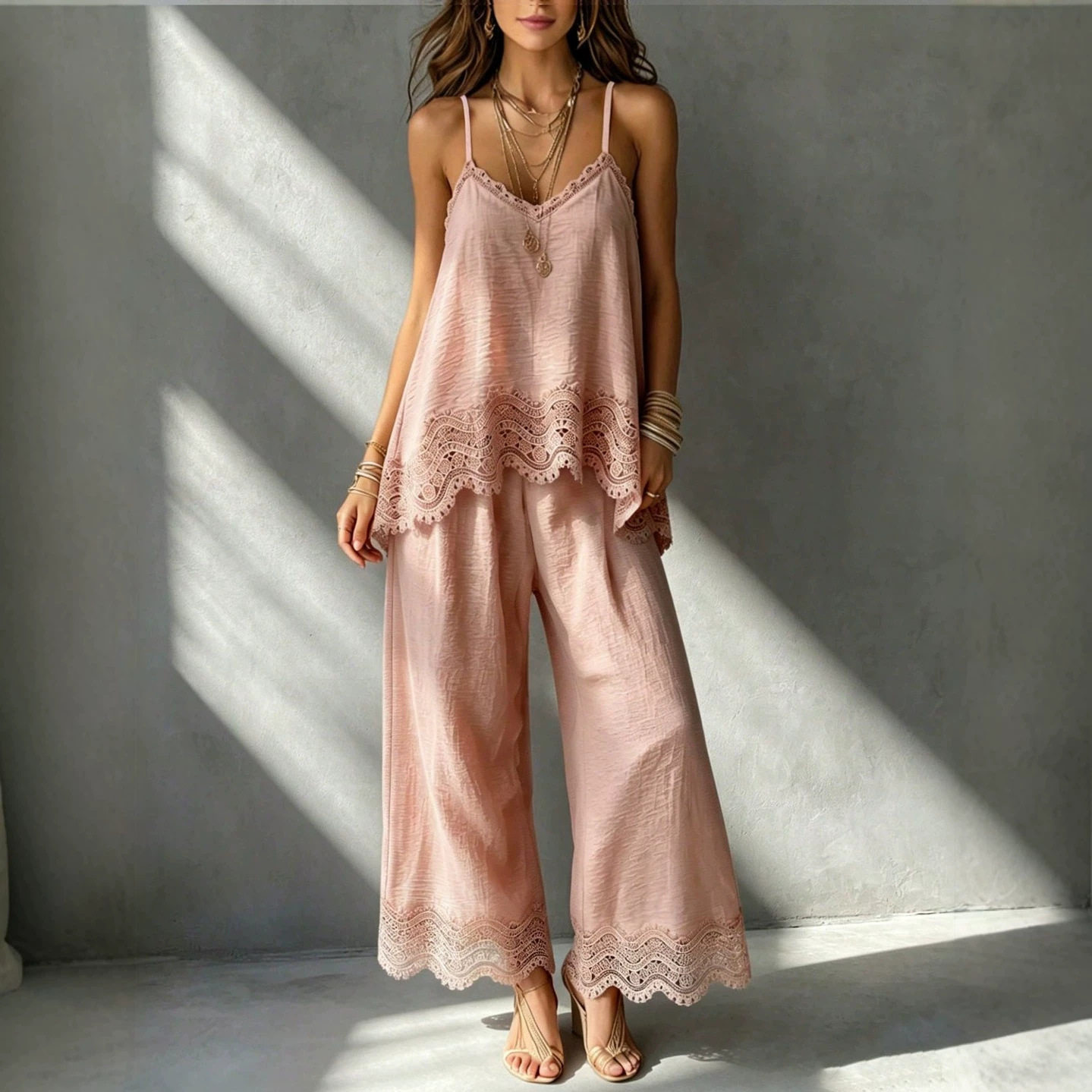 Loose Fit Solid Color Two Piece Set Sleeveless Top Long Pants Casual Style for Spring Summer Wholesale Available