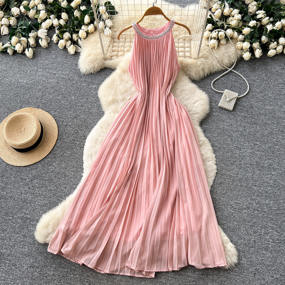 Elegant Sleeveless A Line Dress High Waist Pleated Rhinestone Embellished Summer Fashion in Pink Wholesale Available