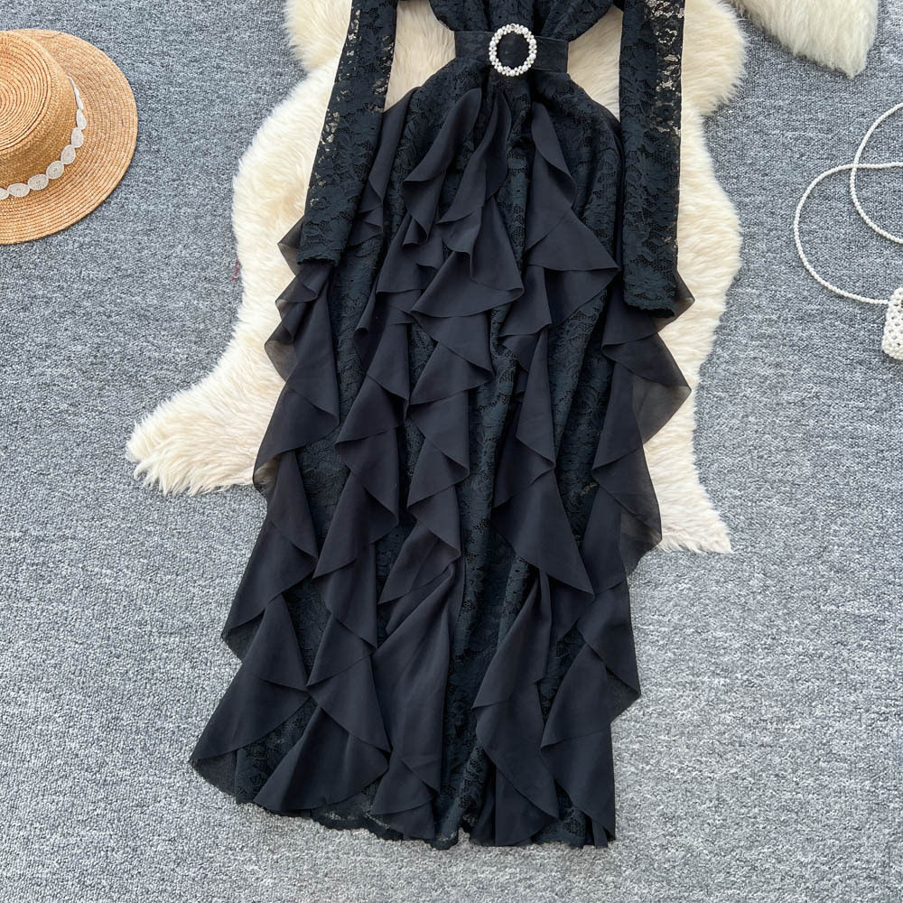 Elegant Long Sleeve Lace Dress with 3D Floral Design and Ruffle Trim Chic and Luxurious Evening Gown for Special Occasions