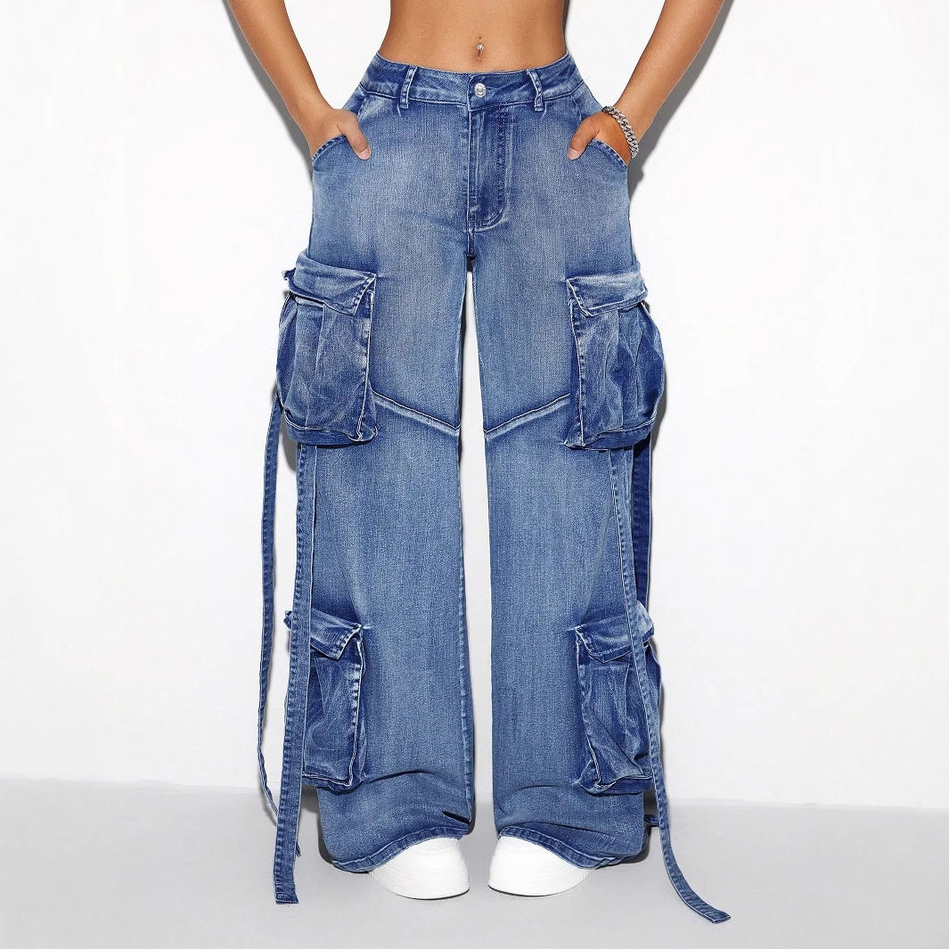 Womens Vintage Multi Pocket Stretch Casual Denim Overalls Retro Style European and American Fashion Wholesale Available