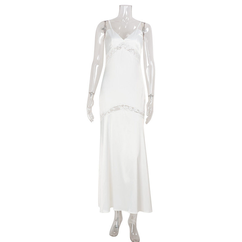 Elegant Womens Maxi Dress Solid Color Slim Fit V Neck Lace Panel Formal Evening Wear Wholesale Available
