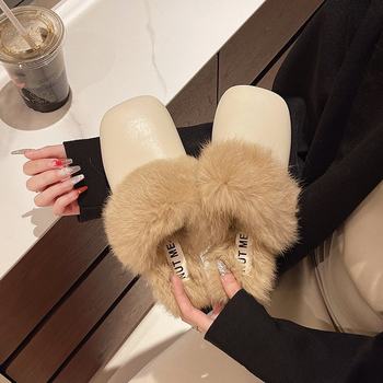 Winter New Furry Slippers for Women, Square Toe, Flat Bottom, Fleece-Lined, Warm Outdoor Cotton Slippers, Casual and Versatile Elegant