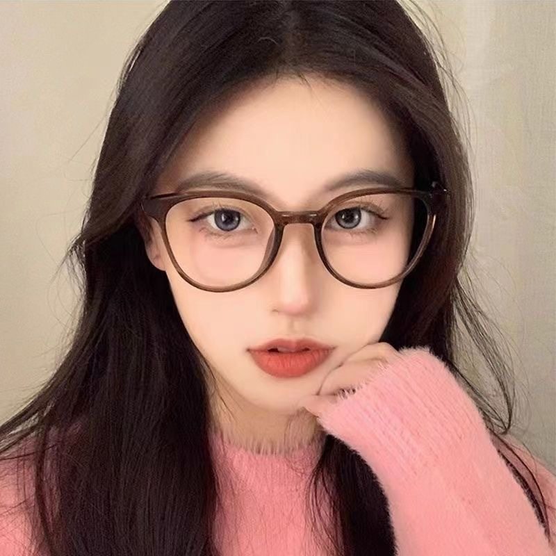 Trendy Cold Tea Color Ultra-Light Plain Retro Student Large Frame Anti-Blue Light Non-Prescription Glasses Frame for Nearsightedness