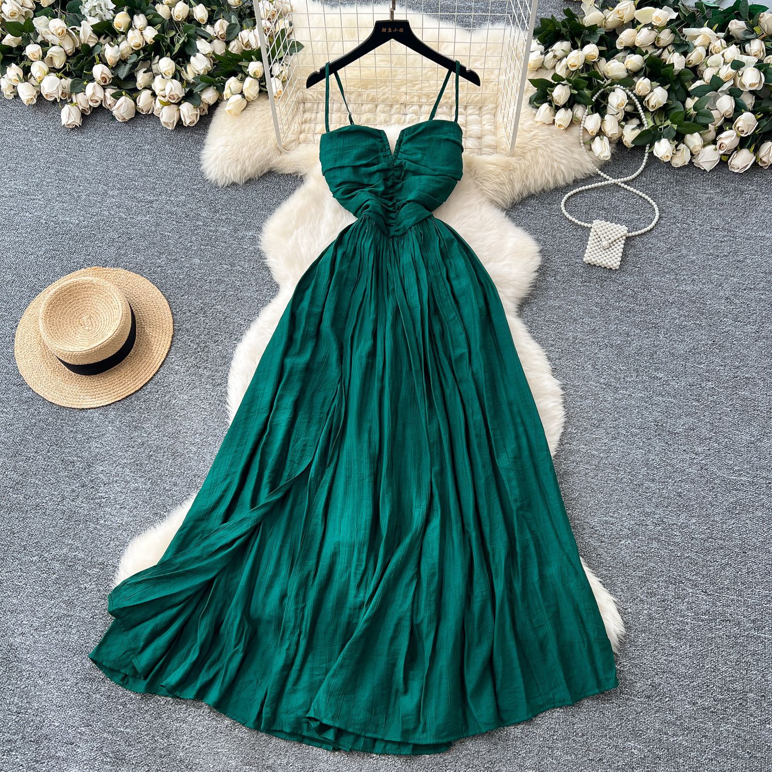 Summer Womens Maxi Dress Elegant Backless Design Adjustable Straps Available in Green and Red Wholesale Supply
