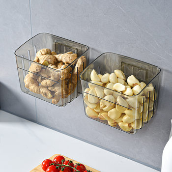 Kitchen Wall-mounted Scallion, Ginger and Garlic Storage Basket Multi-functional Household Draining Basket Punch-free Dish and Seasoning Storage Rack