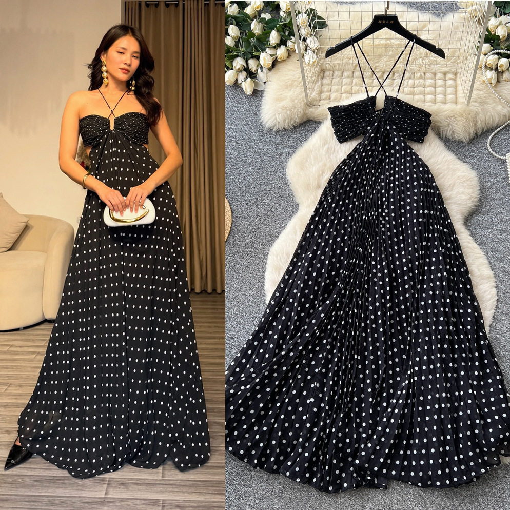 French Polka Dot Maxi Dress Sexy Backless V Neck Waist Defining Elegant Style Perfect for Evening Events