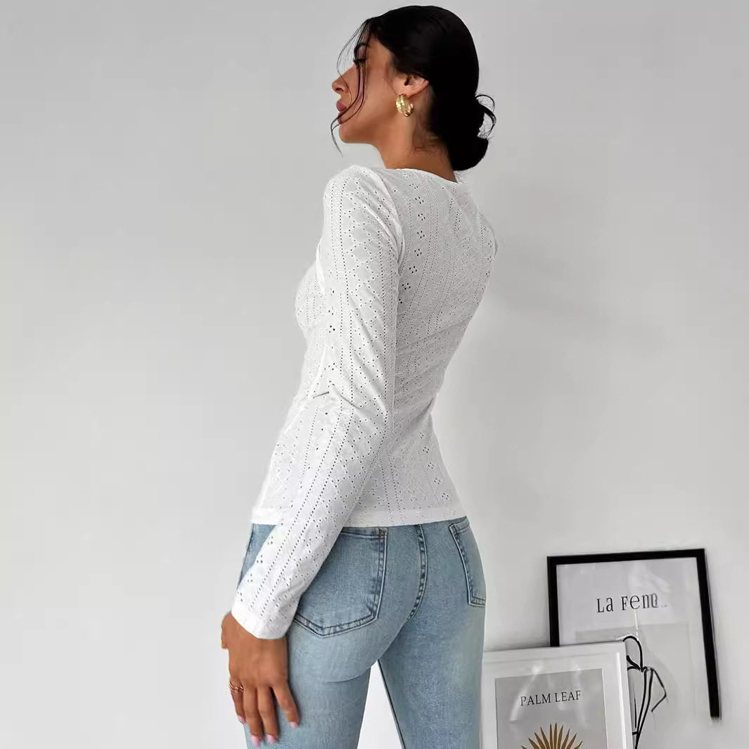 Elegant Womens T Shirt Minimalist Design Lace Hollow Out Long Sleeve Spring Summer Fashion Versatile for Work
