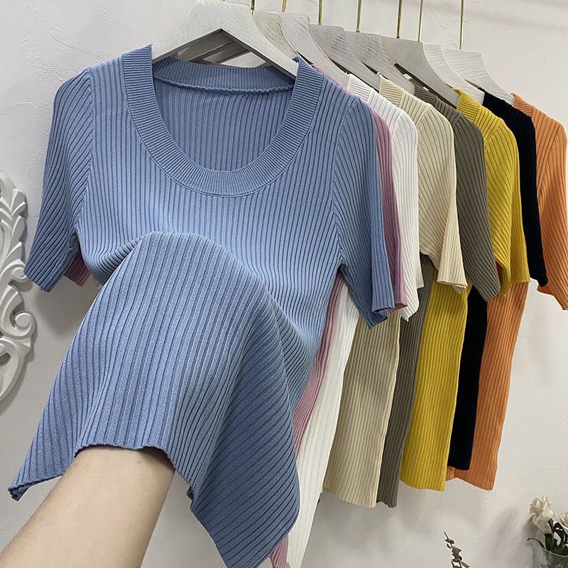 Womens Soft Ice Silk Knit T Shirt Low Round Neck Slim Fit Trendy Design Summer Casual Wear OEM Available