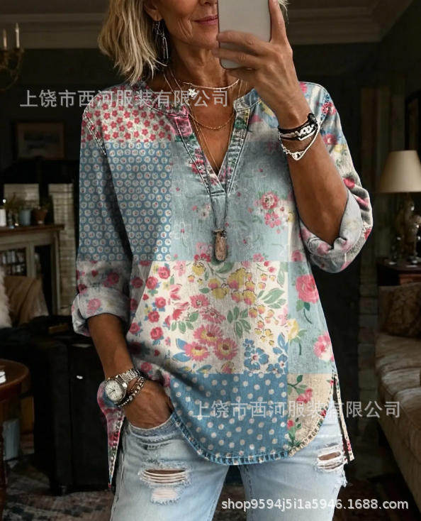 新款跨境独立站2026春季女装花卉印花V领休闲女装衬衫上衣复古