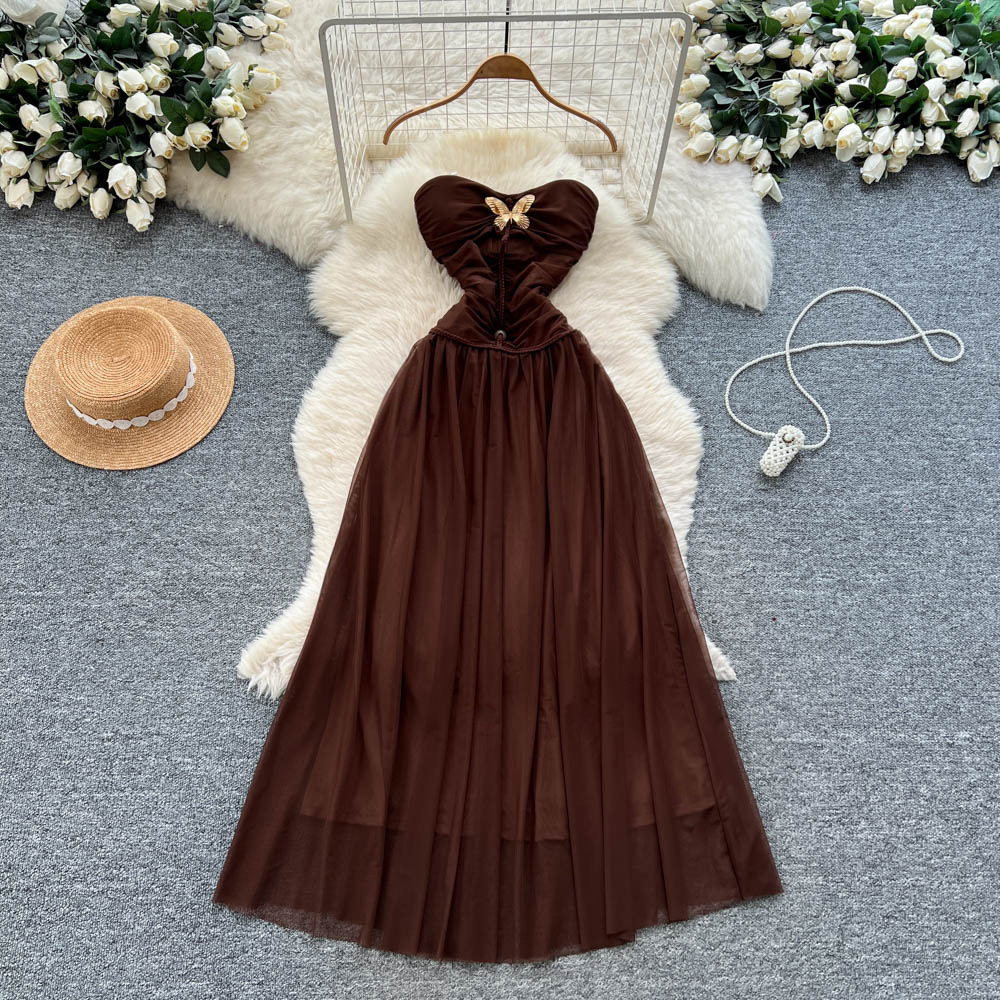 Vintage Strapless Butterfly Off Shoulder Dress High Waist Slim Fit A Line Tulle Long Skirt Elegant Evening Wear
