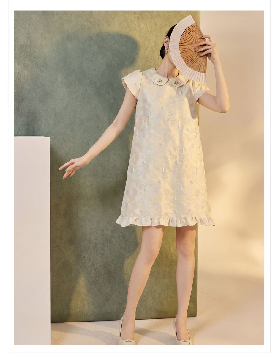 Đầm liền họa tiết jacquard cổ búp bê tay ngắn dáng chữ A — Phô mai vàng (giao hàng trong 7 ngày), Phô mai vàng (giao hàng trong ngày)
