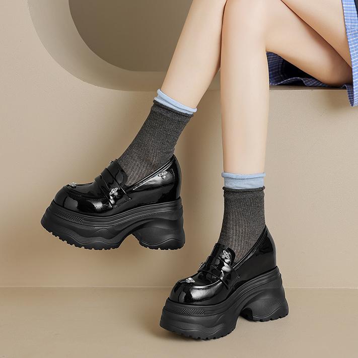 Giày lười nữ đế xốp tăng chiều cao 12cm, mũi tròn, da bóng — Màu đen, Màu trắng be