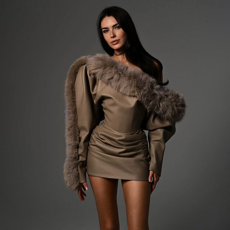 Fashionable Womens Bodycon Dress Asymmetrical Shoulder Faux Fur Collar Leather Patchwork Autumn Winter Evening Wear