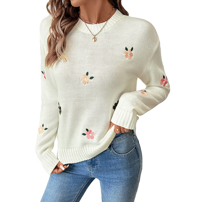 Floral Embroidered Sweater Soft White Loose Fit Round Neck Sweet and Gentle Style for Casual Wear Wholesale