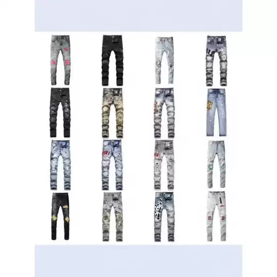 Foreign Trade Source Factory Cross-Border Men's Clothing Supply Trendy Casual Slim Straight Men's Ripped Patchwork Jeans