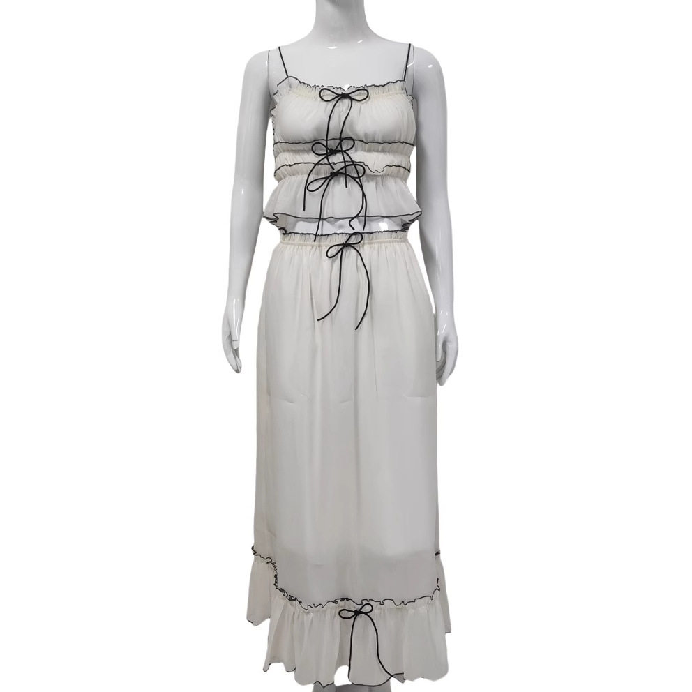 Womens Summer Set Sweet Ruffled Top with Bow Flowy Skirt Perfect for Casual Outings Wholesale Available