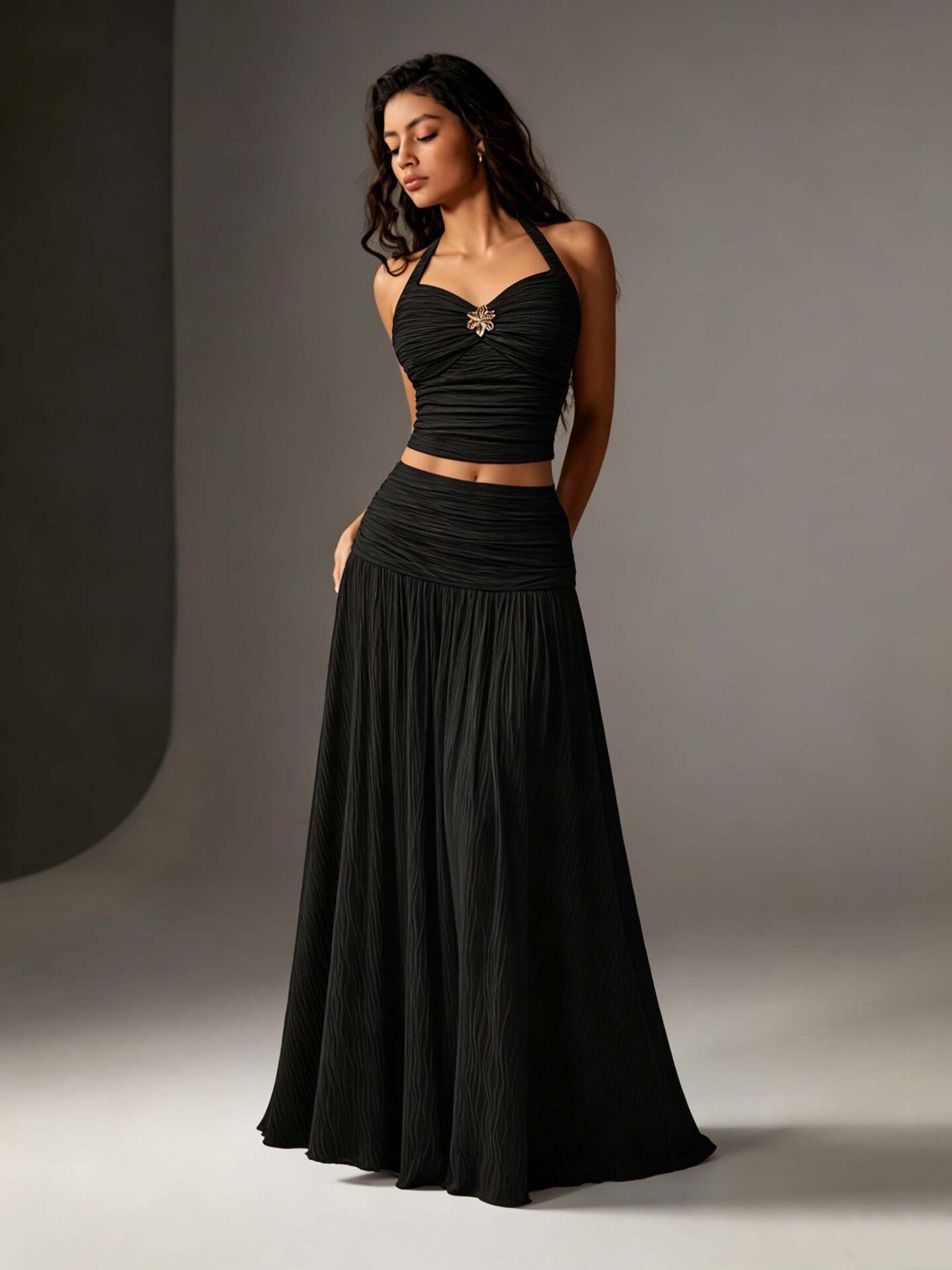 French Style Halter Neck Backless Two Piece Set Ruffled Waist Top A Line Skirt Elegant Dress for Special Occasions