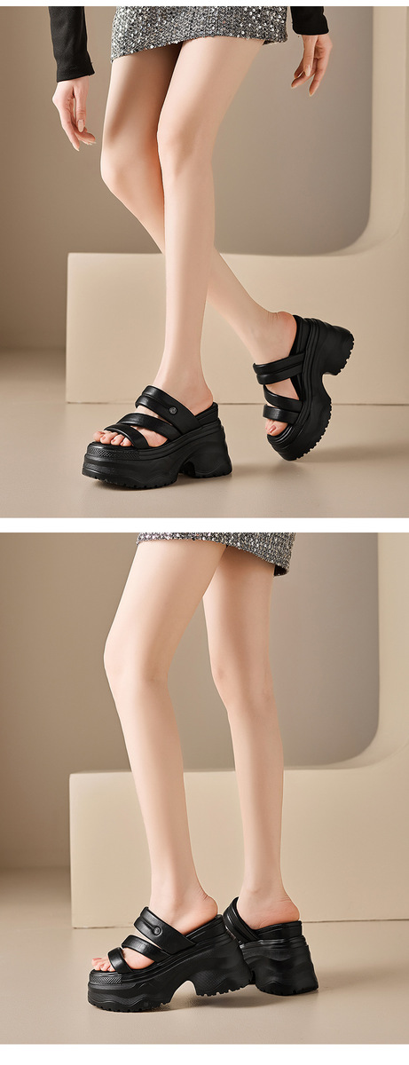 Sandal nữ quai ngang da bò đế dày gót 9cm tăng chiều cao, mũi tròn hở ngón phong cách năng động — màu đen, Màu trắng ngà-