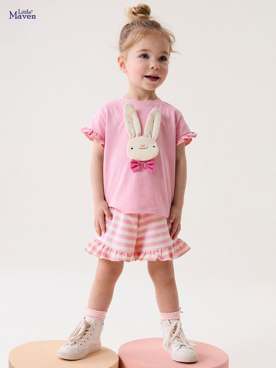 Cute Kids' Set, Summer Short-sleeve Girls' Outfit, Cartoon Striped Children's Clothing Wholesale