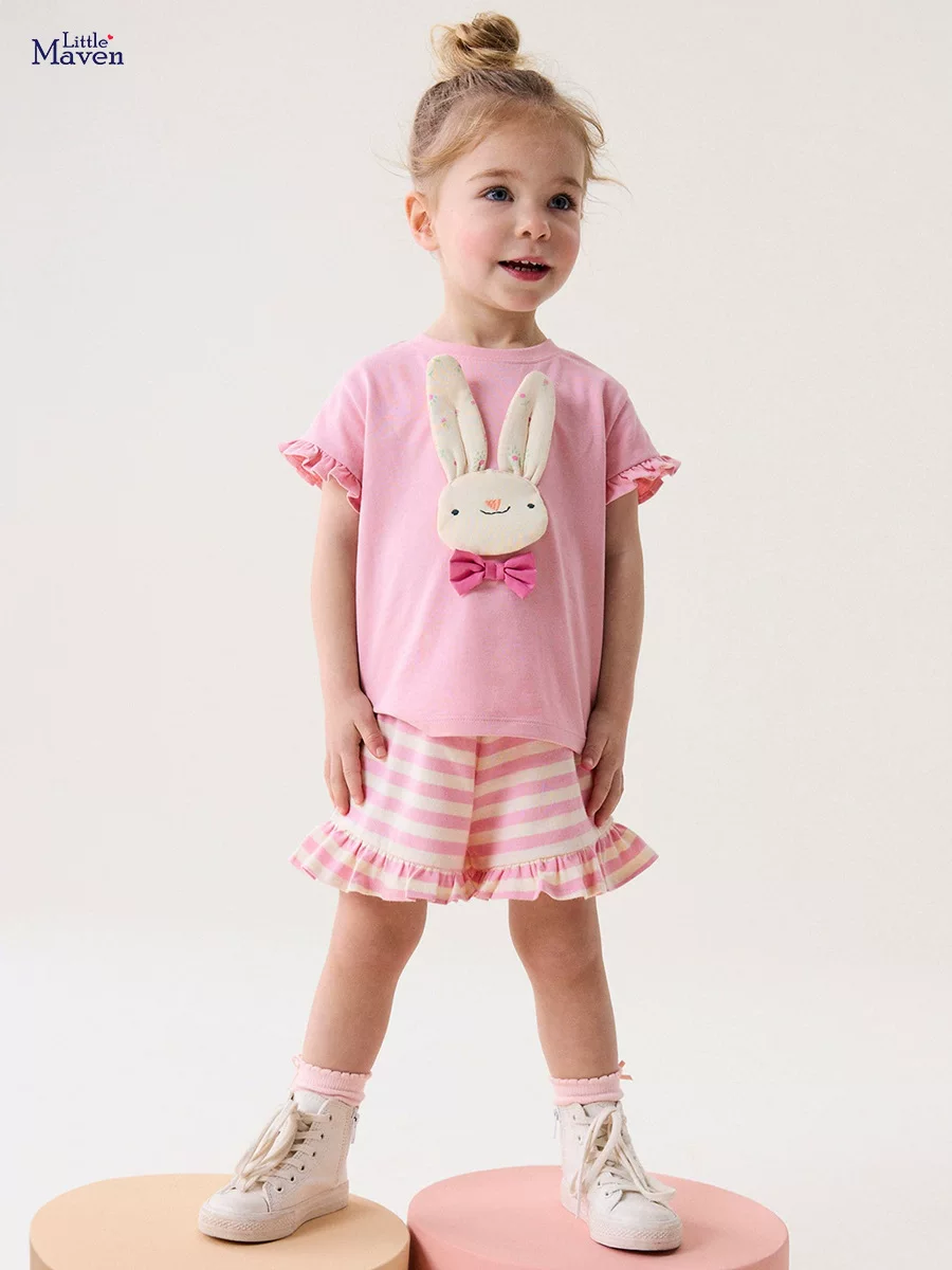 Cute Kids' Set, Summer Short-sleeve Girls' Outfit, Cartoon Striped Children's Clothing Wholesale