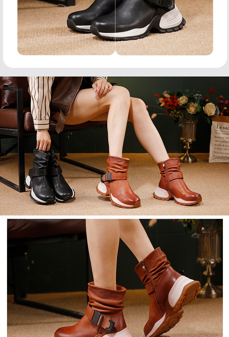 Boot nữ cổ thấp da bò thật phong cách thể thao, gót vuông khóa kéo bên — đen, nâu