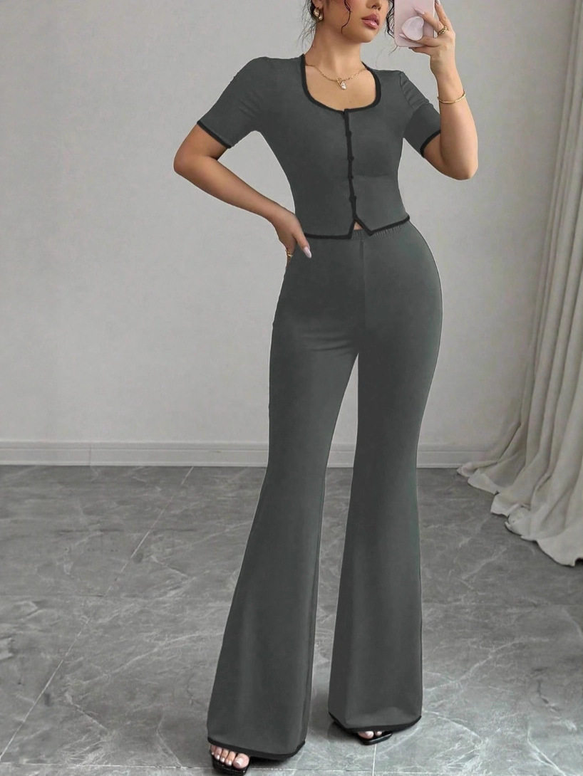 2026 European and American Cross-Border New Style Suit, Spring and Summer Elegant and Sexy Slim-Fit Round-Neck Short-Sleeve Top and Long Pants Two-Piece Set