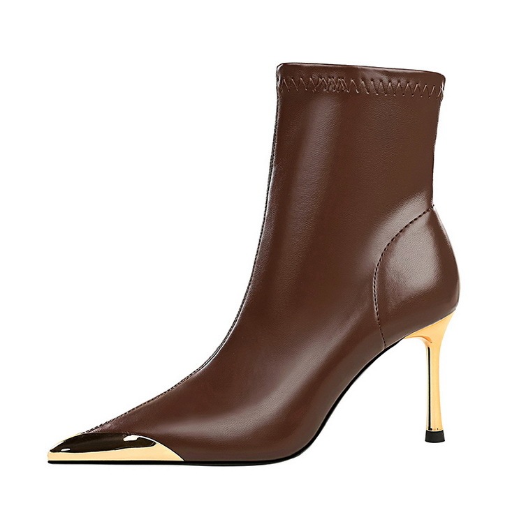 Boot nữ cổ thấp gót nhọn siêu cao mũi nhọn kim loại phối khóa kéo — 319-11 đen 8cm, 319-A11 Cà phê 5cm, 319-A11 đen 5cm, Màu nâu 319-11 8cm