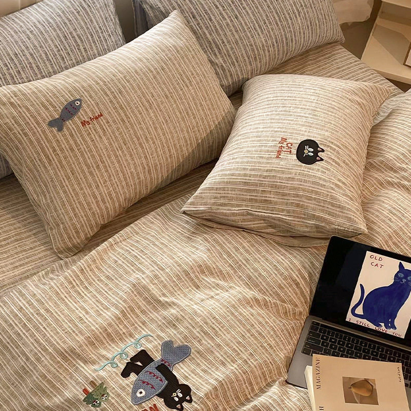 New four seasons ecological cotton and linen embroidery four-piece bed sheet-small black cat cartoon ins wind student three-piece set