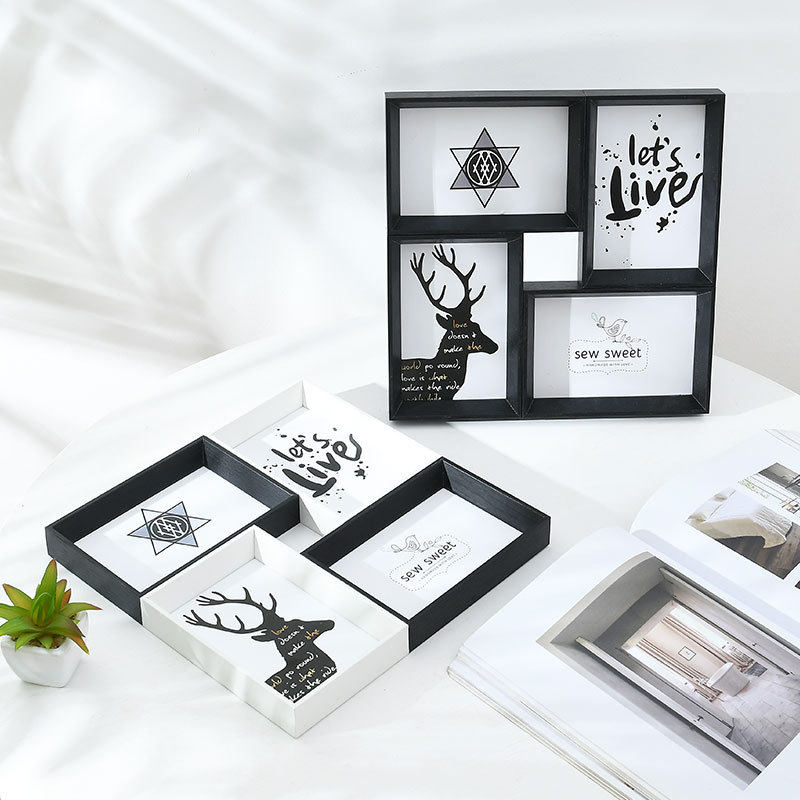 Creative Photo Frame Set of Four, 6inch Pieces, for Tabletop or Wall Hanging, Four-Grid Combination, Interlocking Photo Wall, American Style 4-Frame Set