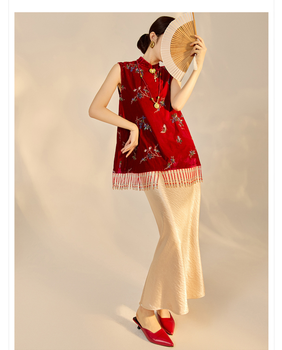Set áo vest thêu đính cườm kèm chân váy dài dự tiệc — Váy màu sâm panh (giao hàng trong 7 ngày), Váy màu sâm panh (giao hàng trong ngày), Áo vest đính cườm (giao hàng trong 7 ngày), Áo vest đính cườm (giao hàng trong ngày)