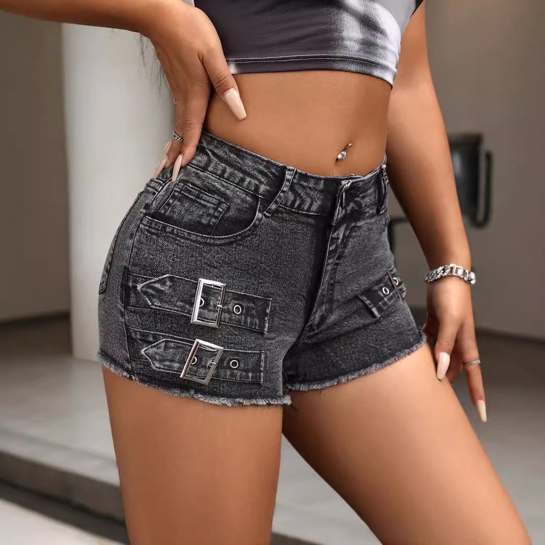 Womens Distressed Denim Shorts Metal Button Mid Stretch Fabric Casual Style Wholesale Available