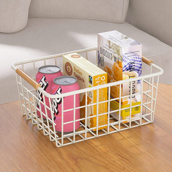 Factory Direct Supply Iron Storage Basket Iron Shelf Nordic Wooden Stick Handle Storage Basket Desktop Japanese Snack Storage Basket