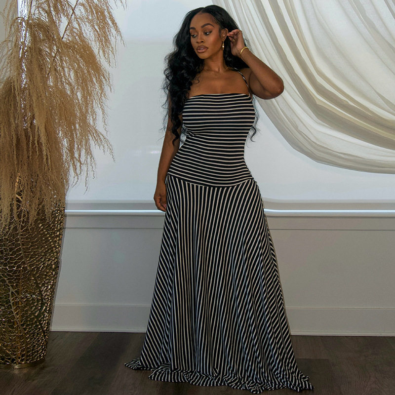 French Style Striped Maxi Dress Summer Collection Halter Neck Backless Elegant Design Wholesale Available