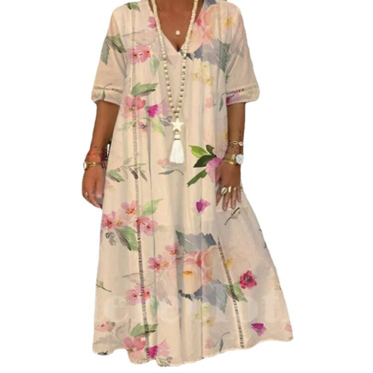 Summer Womens Long Dress Floral Print Lace Trim Elegant Style Perfect for Casual Outings Wholesale Available