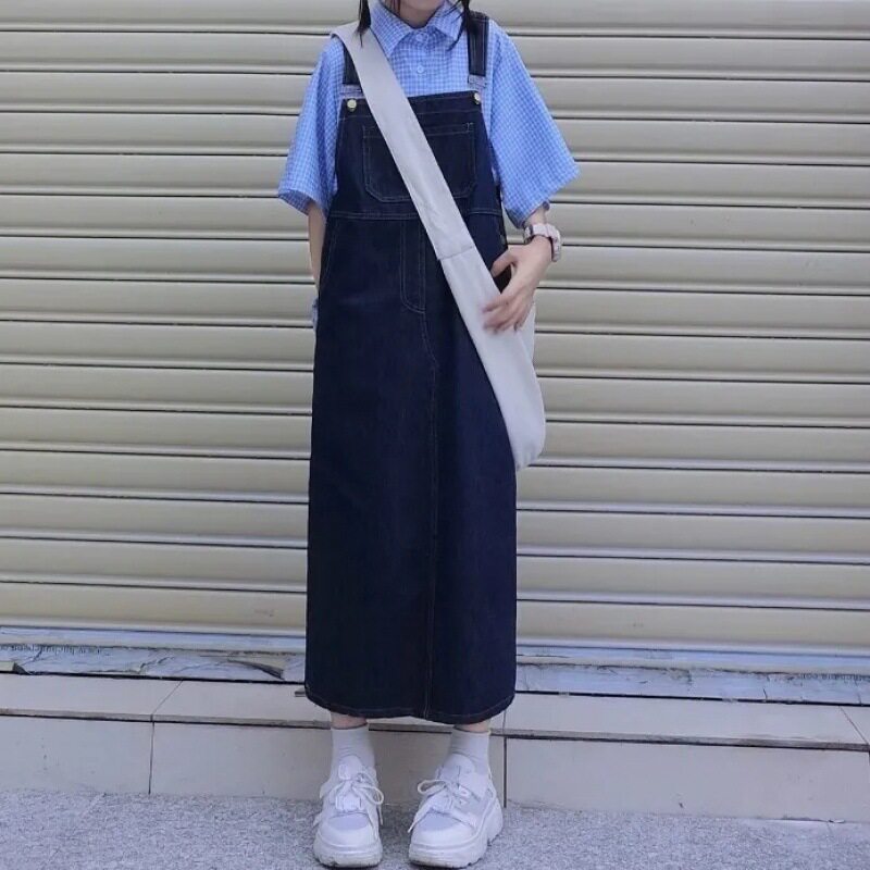 Denim Suspender Dress Loose Fit Mid Length Solid Color Spring and Autumn Casual Wear Wholesale Available